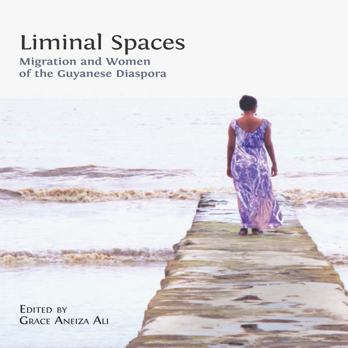 Liminal Spaces books cover shows figure of a woman from behind wearing a purple dress walking out onto a path into the ocean